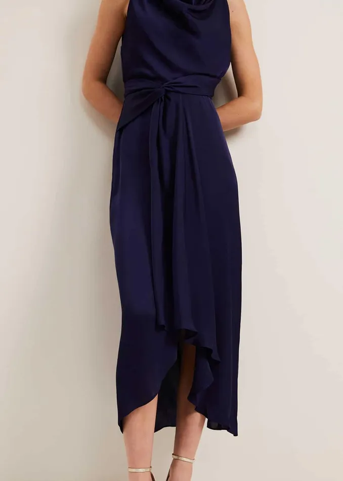 Women Phase Eight Occasion Dresses Daliah High Neck Satin Midi Dress Navy