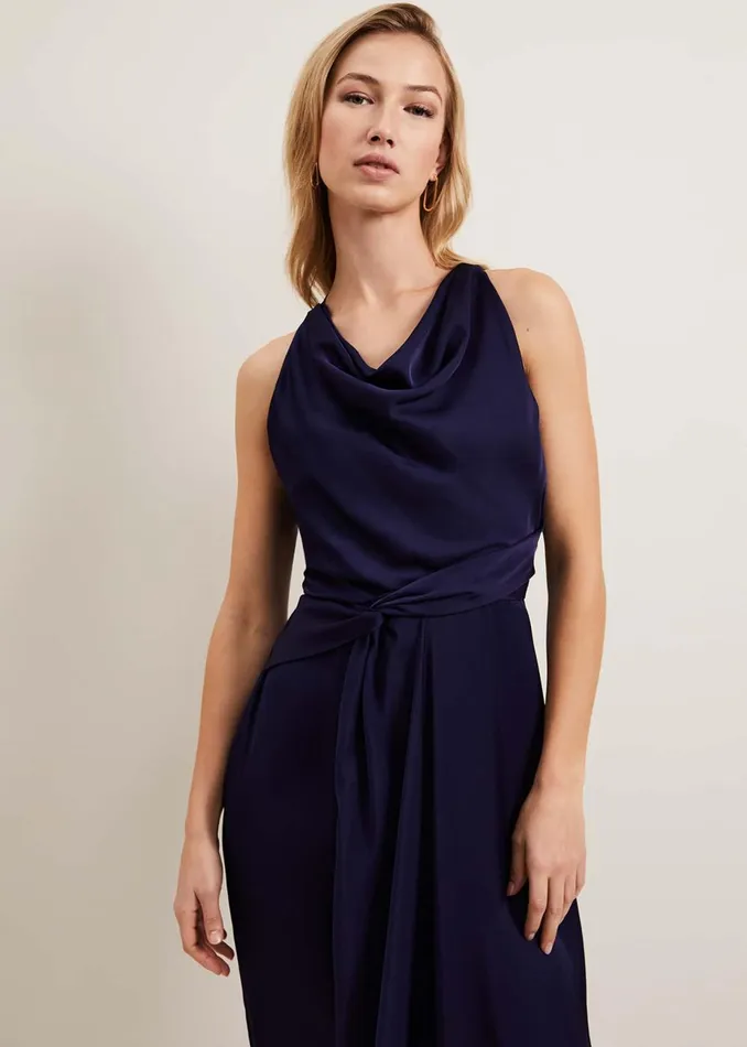 Women Phase Eight Occasion Dresses Daliah High Neck Satin Midi Dress Navy