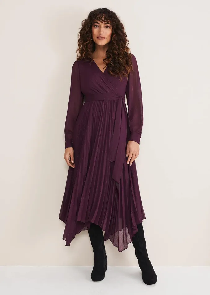 Women Phase Eight Occasion Dresses Dani Pleated Belted Midi Dress Plum