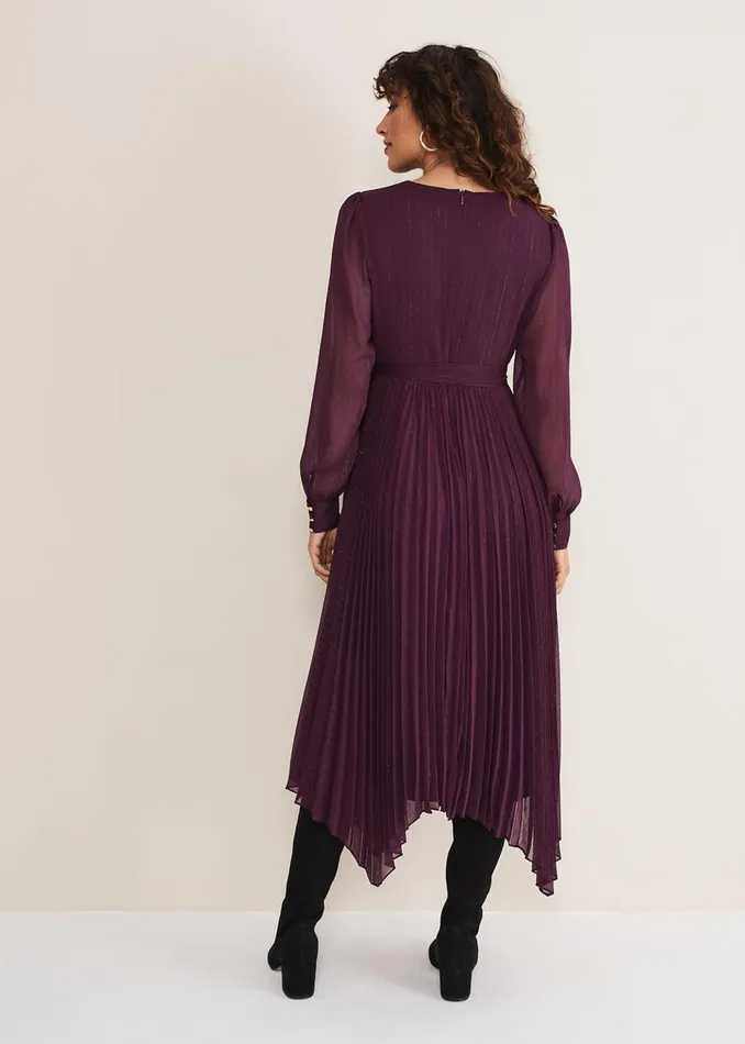 Women Phase Eight Occasion Dresses Dani Pleated Belted Midi Dress Plum
