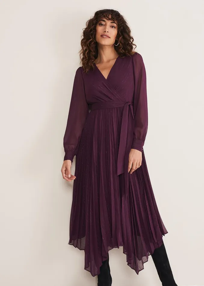 Women Phase Eight Occasion Dresses Dani Pleated Belted Midi Dress Plum