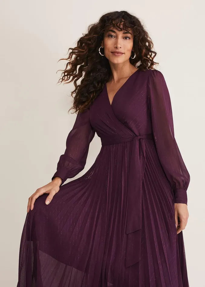 Women Phase Eight Occasion Dresses Dani Pleated Belted Midi Dress Plum