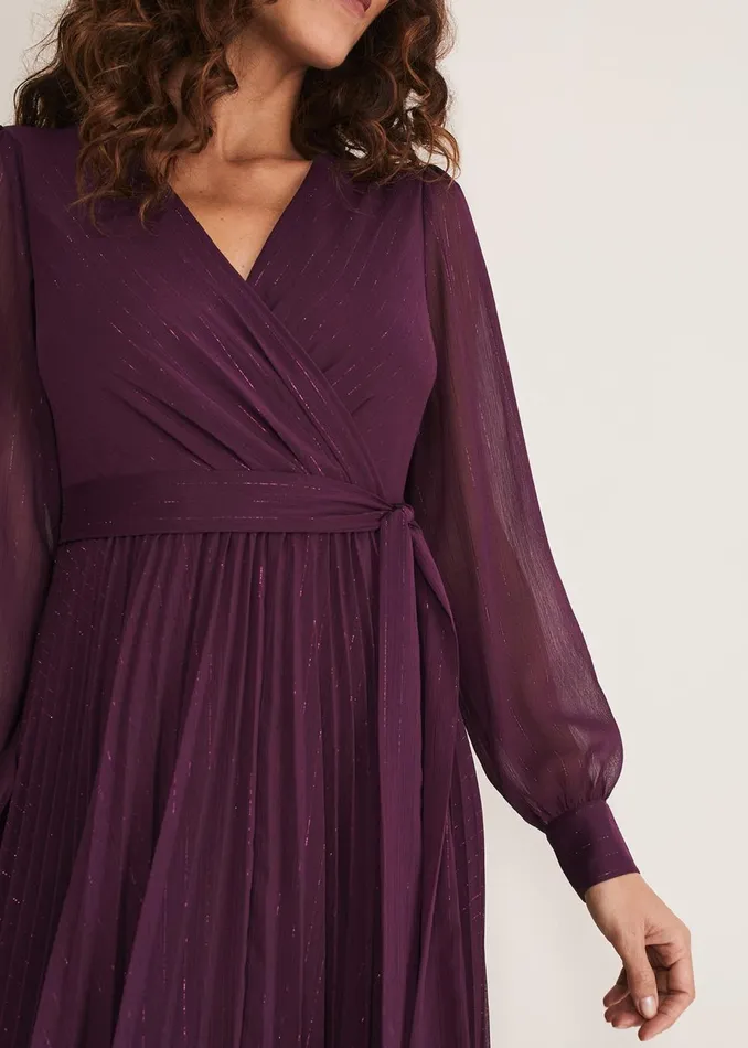 Women Phase Eight Occasion Dresses Dani Pleated Belted Midi Dress Plum