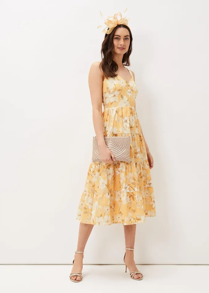Women Phase Eight Occasion Dresses Elaina Cotton Floral Tiered Midi Dress Yellowmulti