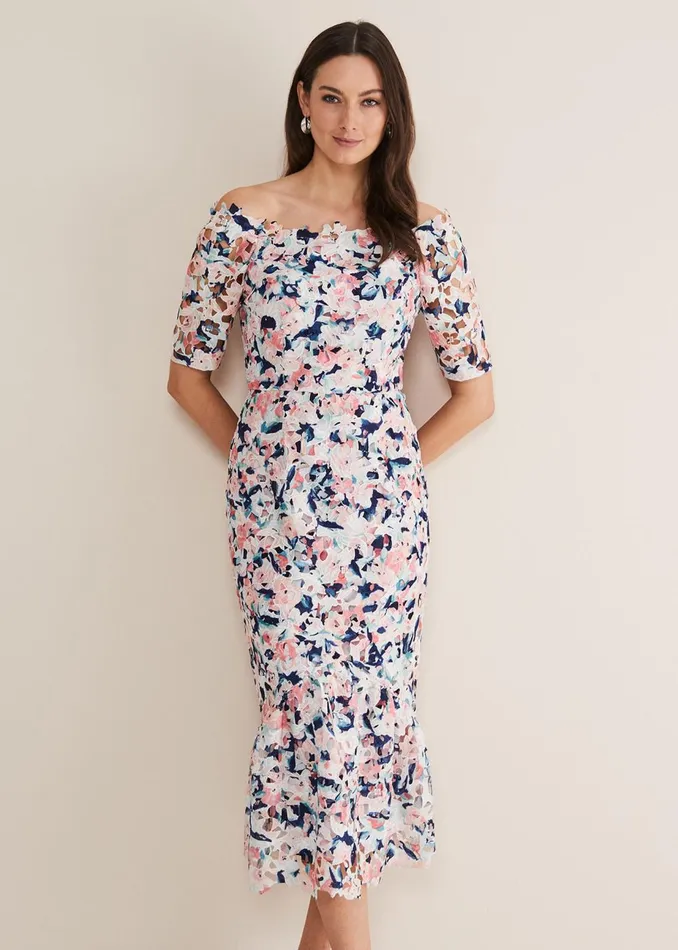 Women Phase Eight Occasion Dresses Elara Floral Bardot Bodycon Midi Dress Multicoloured