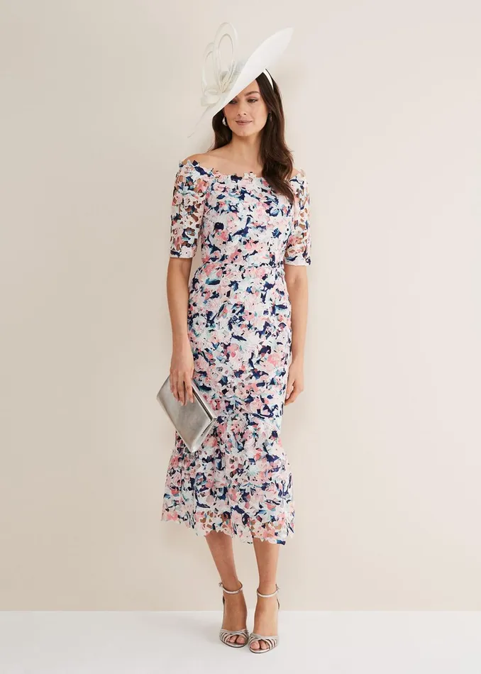 Women Phase Eight Occasion Dresses Elara Floral Bardot Bodycon Midi Dress Multicoloured