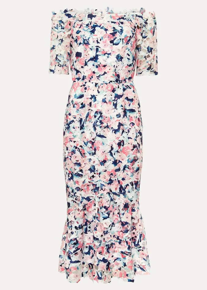 Women Phase Eight Occasion Dresses Elara Floral Bardot Bodycon Midi Dress Multicoloured