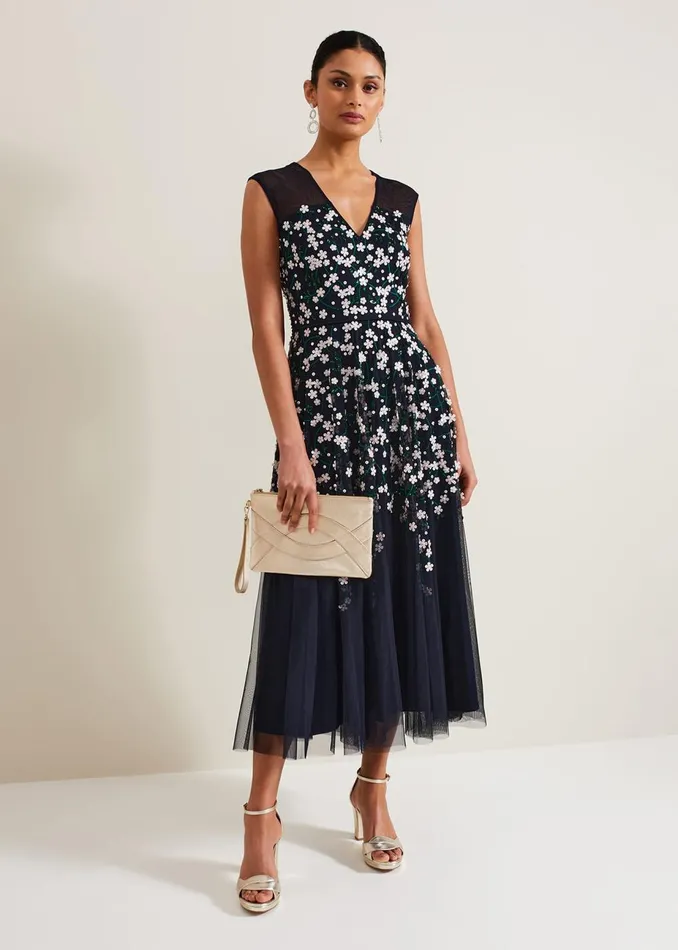 Women Phase Eight Occasion Dresses Ellen Blossom Beaded Midi Dress Navy