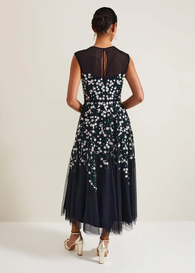 Women Phase Eight Occasion Dresses Ellen Blossom Beaded Midi Dress Navy
