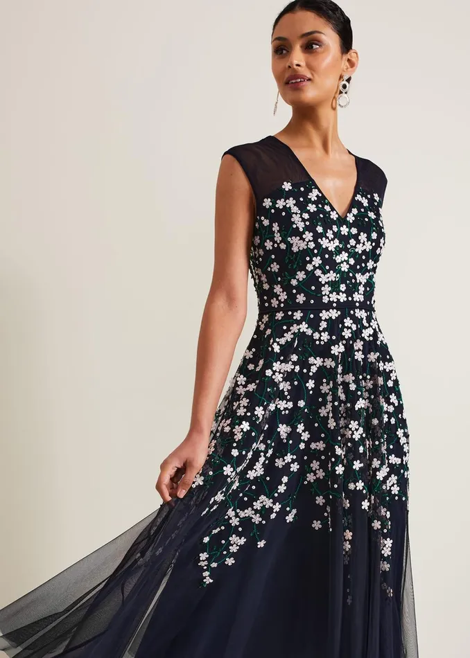 Women Phase Eight Occasion Dresses Ellen Blossom Beaded Midi Dress Navy