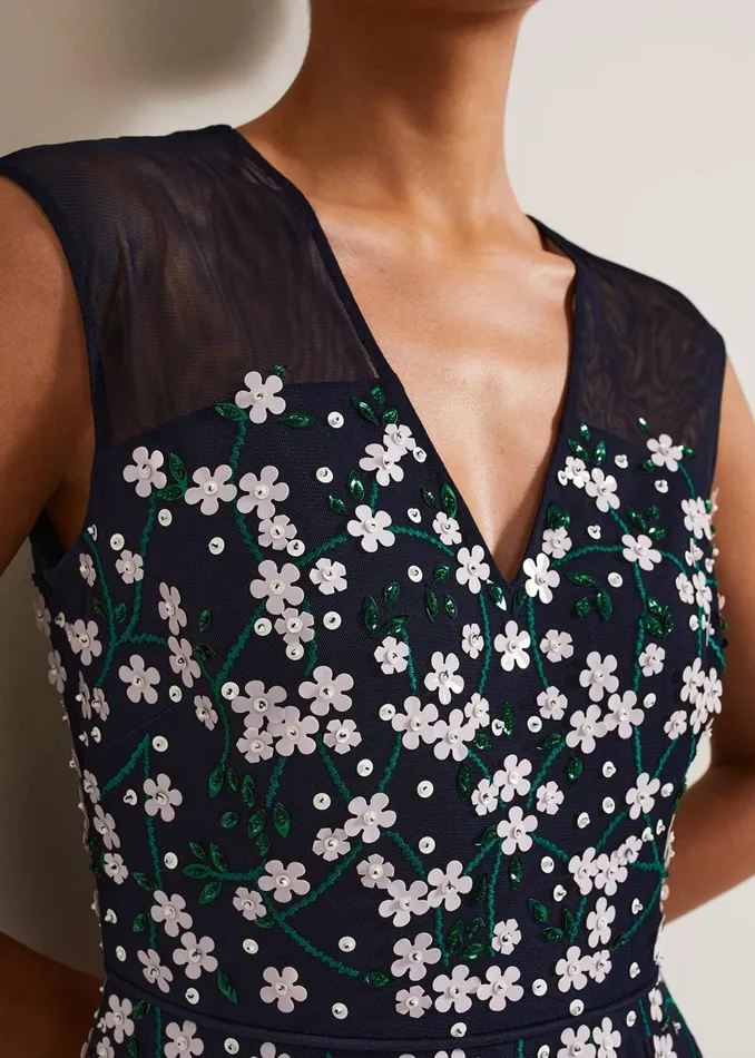 Women Phase Eight Occasion Dresses Ellen Blossom Beaded Midi Dress Navy