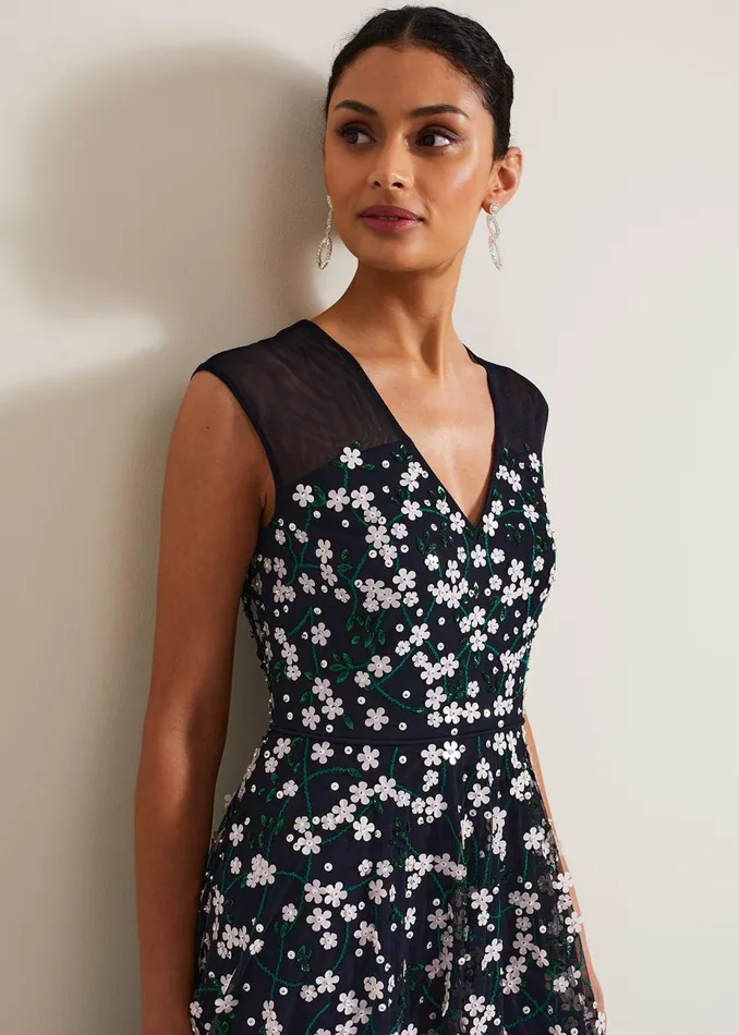 Women Phase Eight Occasion Dresses Ellen Blossom Beaded Midi Dress Navy