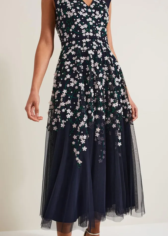Women Phase Eight Occasion Dresses Ellen Blossom Beaded Midi Dress Navy