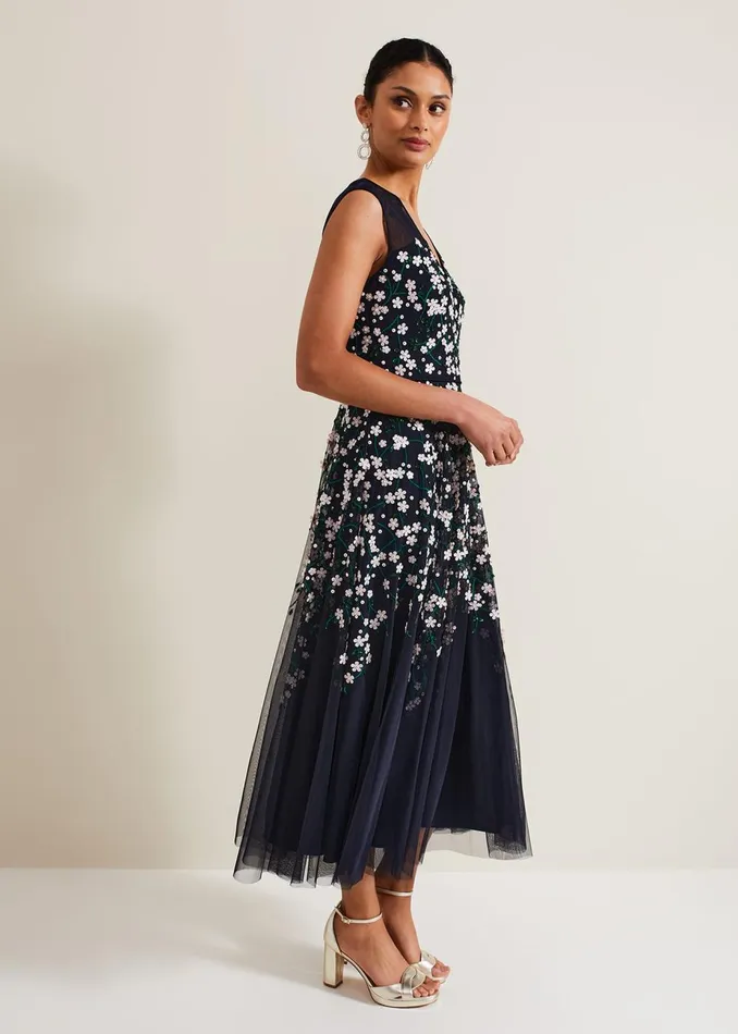 Women Phase Eight Occasion Dresses Ellen Blossom Beaded Midi Dress Navy