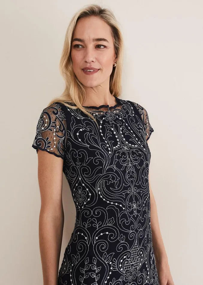 Women Phase Eight Occasion Dresses Esme Embroidered Dress Navyivory