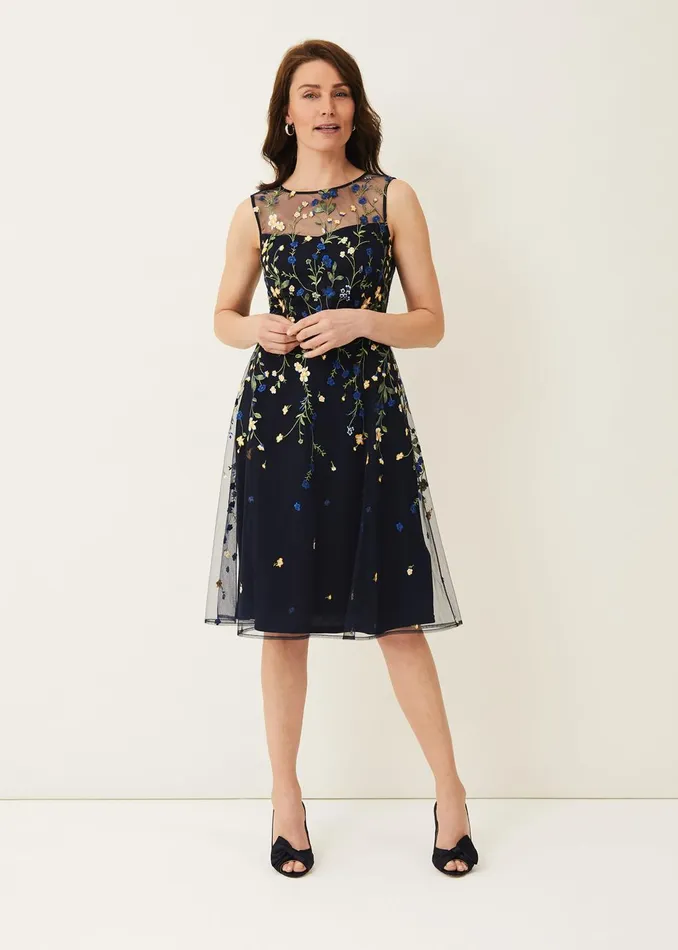 Women Phase Eight Occasion Dresses Esmeralda Embroidered Fit and Flare Dress Navymulti