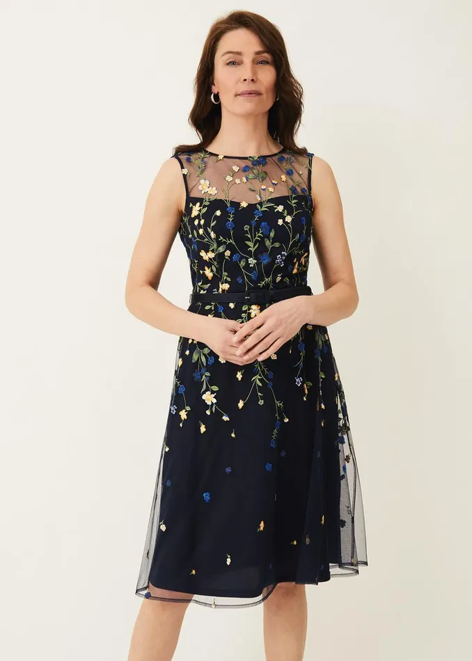 Women Phase Eight Occasion Dresses Esmeralda Embroidered Fit and Flare Dress Navymulti