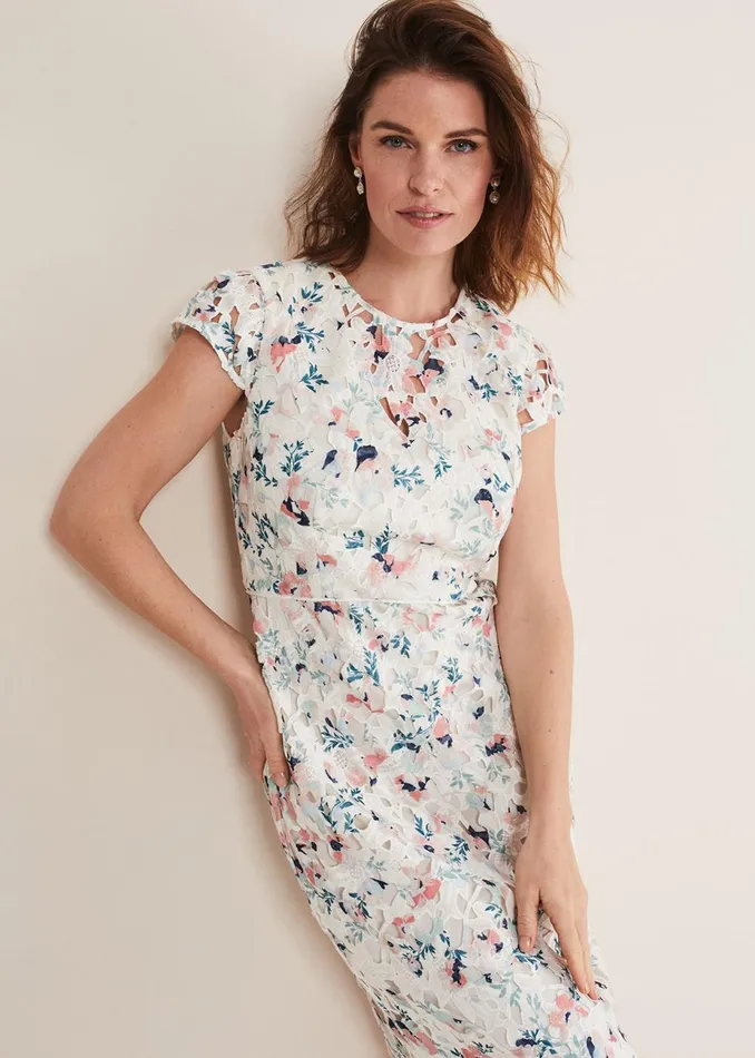 Women Phase Eight Occasion Dresses Franky Floral Lace Dress Ivorymulti