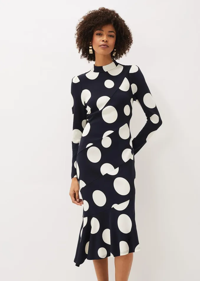 Women Phase Eight Occasion Dresses Gabi Spot Print Asymmetric Hem Dress Navyivory