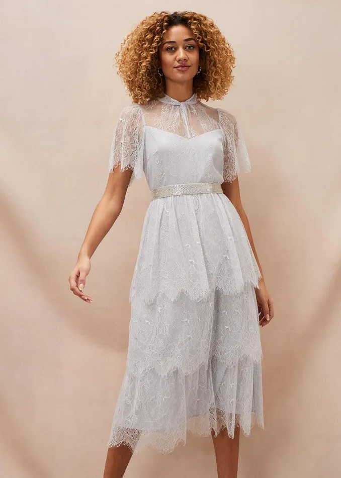 Women Phase Eight Occasion Dresses Ginnie Lace Tiered Midi Dress Smokey Blue