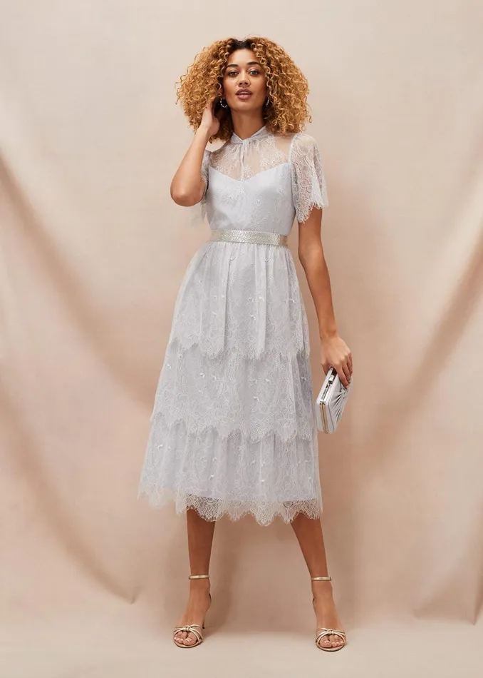 Women Phase Eight Occasion Dresses Ginnie Lace Tiered Midi Dress Smokey Blue