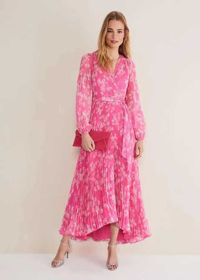 Women Phase Eight Occasion Dresses Hayley Floral Pleated Maxi Dress Neon Pink