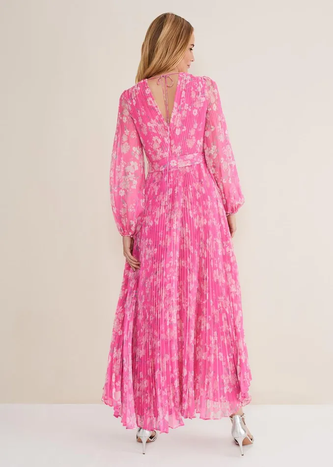 Women Phase Eight Occasion Dresses Hayley Floral Pleated Maxi Dress Neon Pink