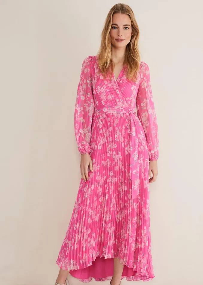 Women Phase Eight Occasion Dresses Hayley Floral Pleated Maxi Dress Neon Pink