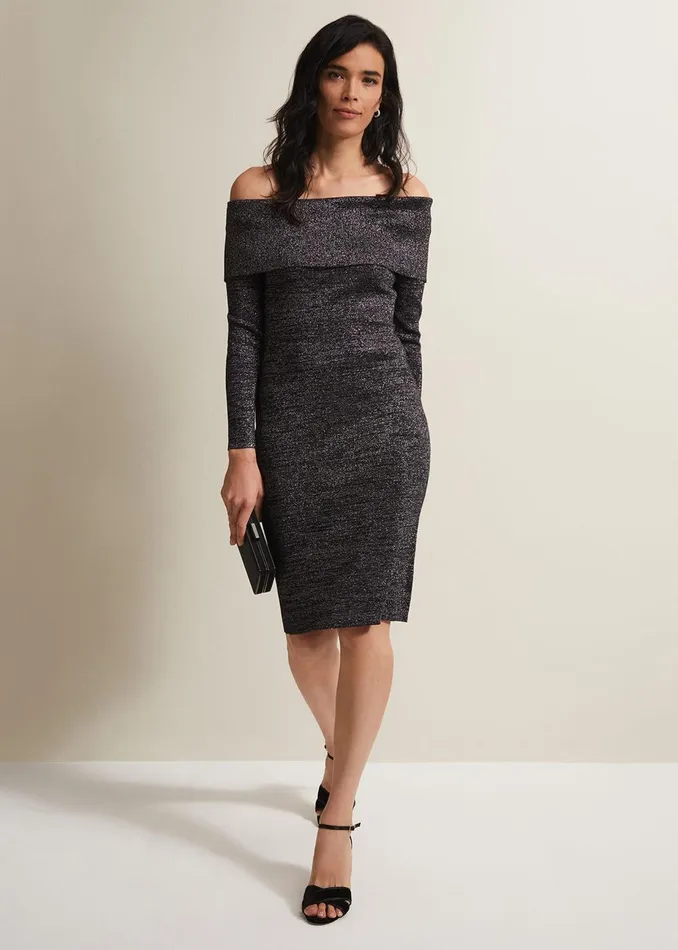 Women Phase Eight Occasion Dresses Heidi Knitted Bardot Dress Blacksilver