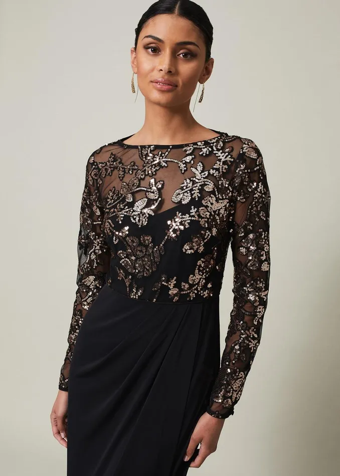 Women Phase Eight Occasion Dresses Jacinta Sequin Jersey Maxi Dress Blackgold