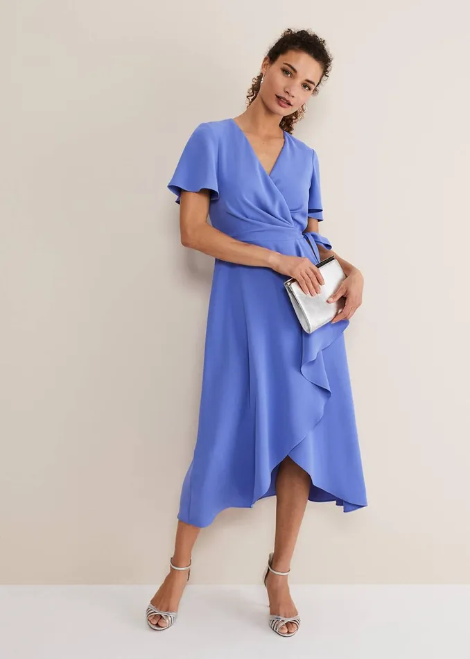 Women Phase Eight Occasion Dresses Julissa Ruffle Wrap Midi Dress Foxglove Blue