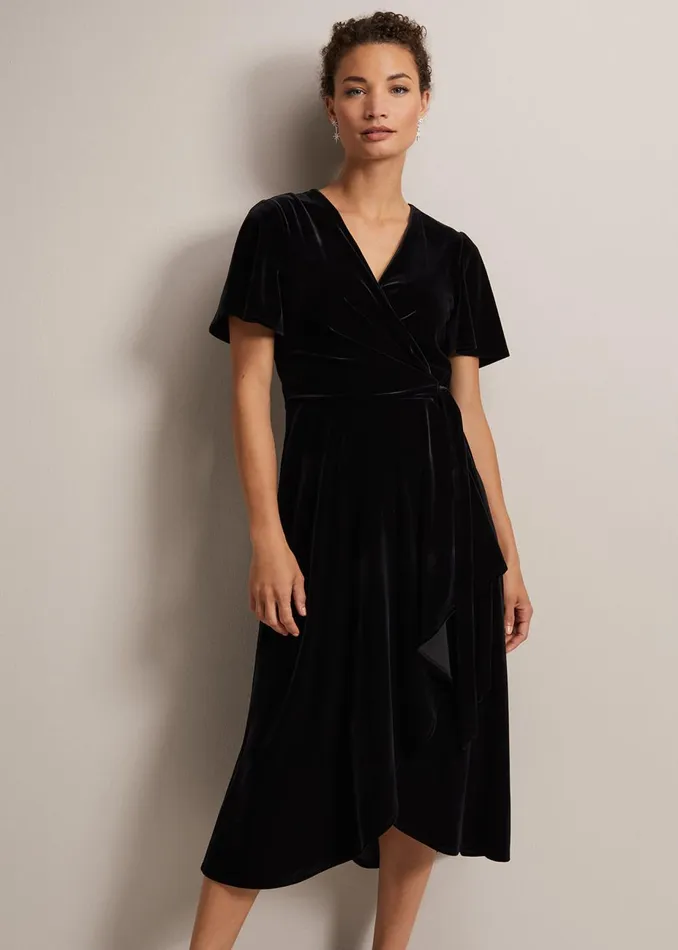 Women Phase Eight Occasion Dresses Julissa Velvet Ruffle Wrap Midi Dress Black