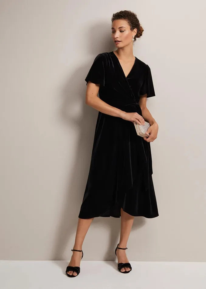 Women Phase Eight Occasion Dresses Julissa Velvet Ruffle Wrap Midi Dress Black