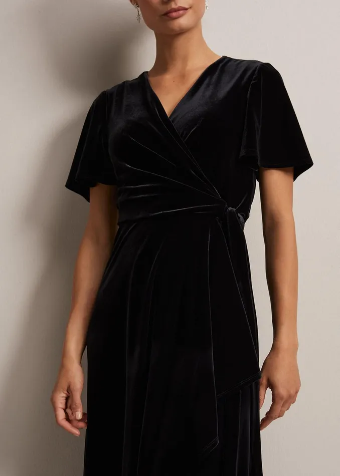 Women Phase Eight Occasion Dresses Julissa Velvet Ruffle Wrap Midi Dress Black