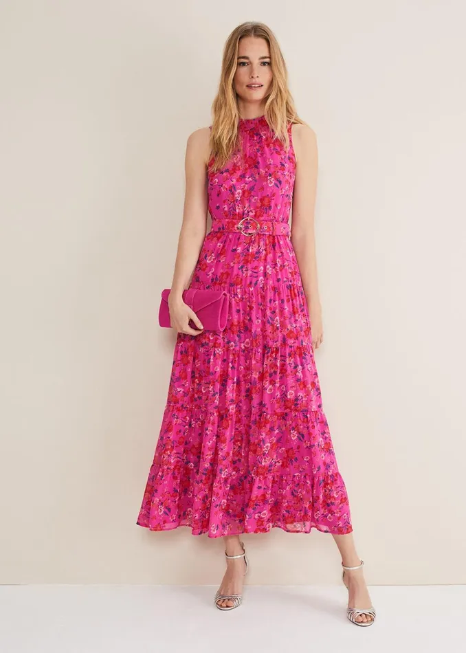 Women Phase Eight Occasion Dresses Kara Floral Tiered Maxi Dress Neon Pink
