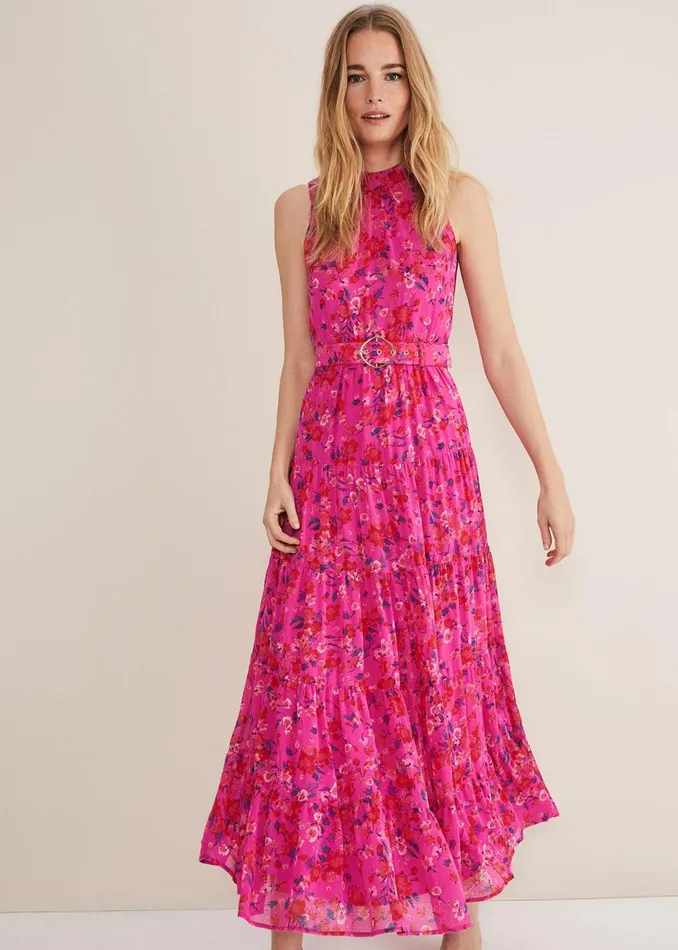 Women Phase Eight Occasion Dresses Kara Floral Tiered Maxi Dress Neon Pink