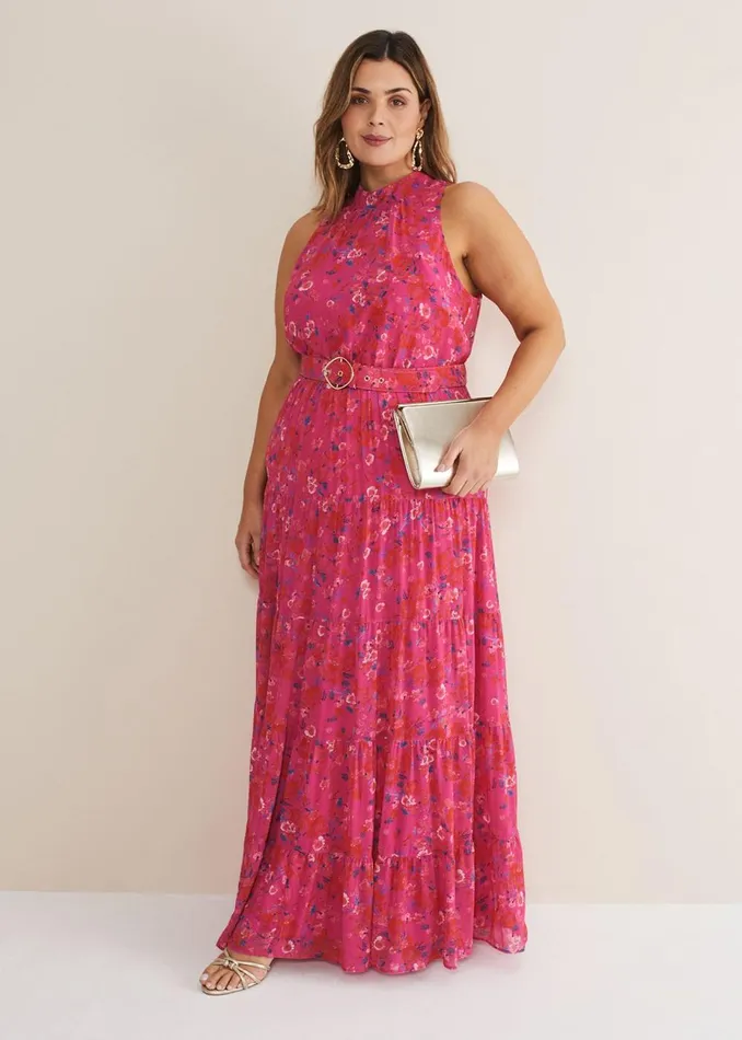 Women Phase Eight Occasion Dresses Kara Floral Tiered Maxi Dress Neon Pink