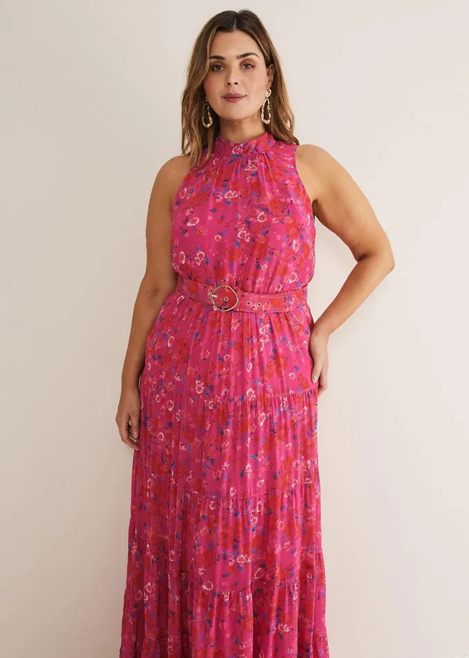 Women Phase Eight Occasion Dresses Kara Floral Tiered Maxi Dress Neon Pink