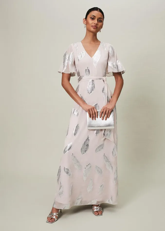 Women Phase Eight Occasion Dresses Larah Lurex Feather Jaquard Maxi Dress Misty Mauvesilver
