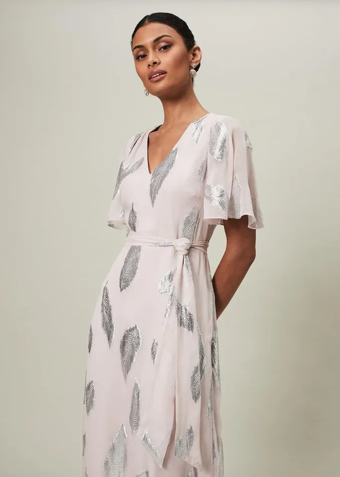 Women Phase Eight Occasion Dresses Larah Lurex Feather Jaquard Maxi Dress Misty Mauvesilver
