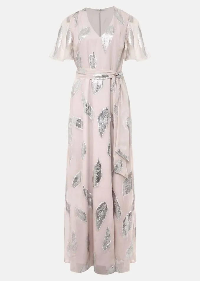 Women Phase Eight Occasion Dresses Larah Lurex Feather Jaquard Maxi Dress Misty Mauvesilver