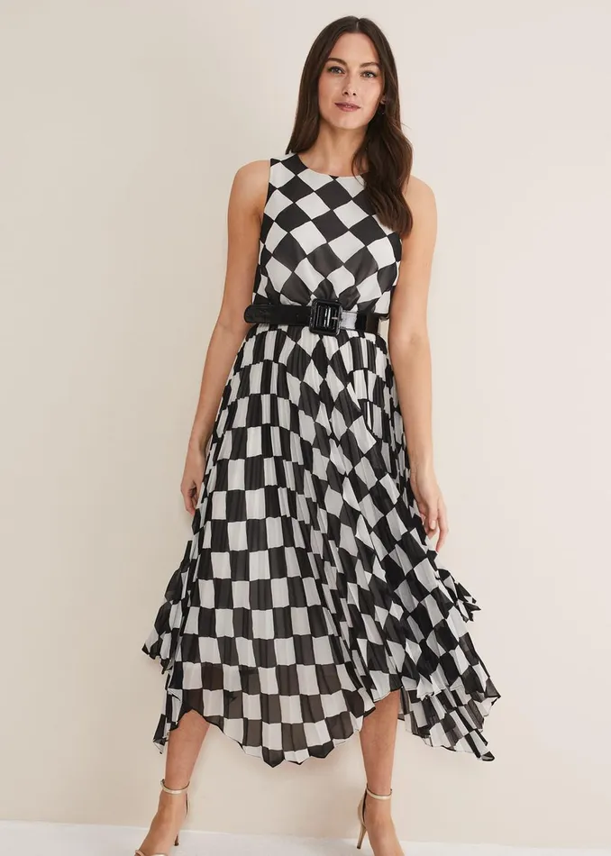 Women Phase Eight Occasion Dresses Laurel Checked Pleated Midi Dress Blackwhite