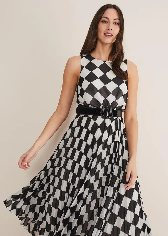 Women Phase Eight Occasion Dresses Laurel Checked Pleated Midi Dress Blackwhite