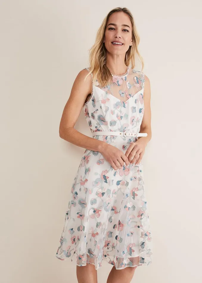 Women Phase Eight Occasion Dresses Leighton Floral Embroidered Midi Dress Pale Petal Multi