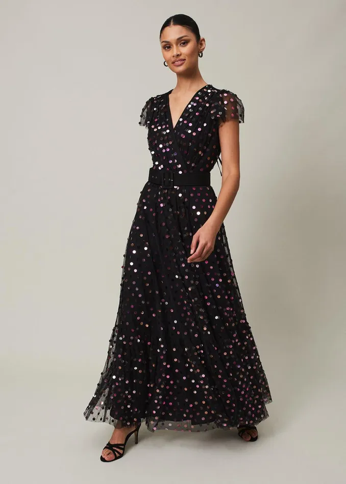 Women Phase Eight Occasion Dresses Loren Sequin Spot Tulle Maxi Dress Blackmulti