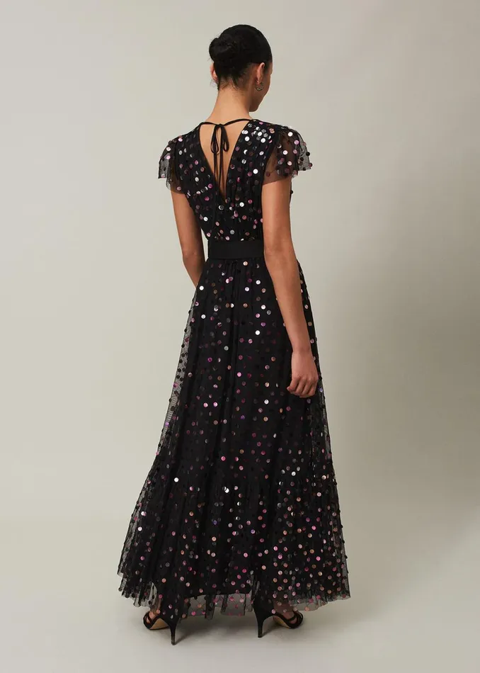 Women Phase Eight Occasion Dresses Loren Sequin Spot Tulle Maxi Dress Blackmulti