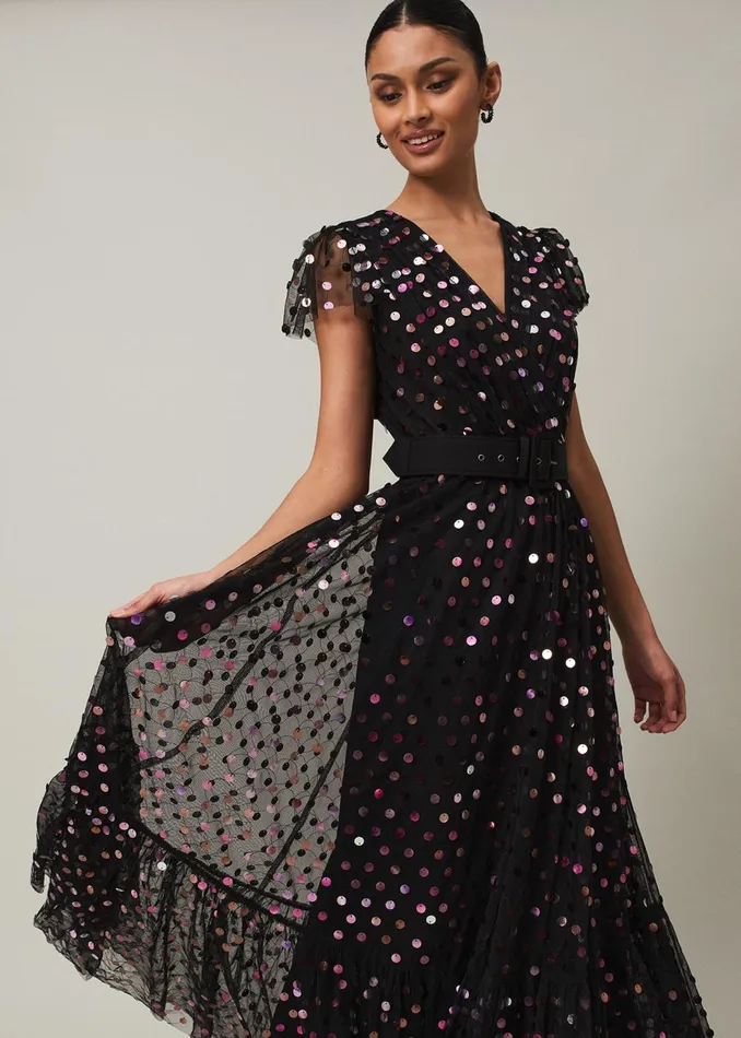 Women Phase Eight Occasion Dresses Loren Sequin Spot Tulle Maxi Dress Blackmulti