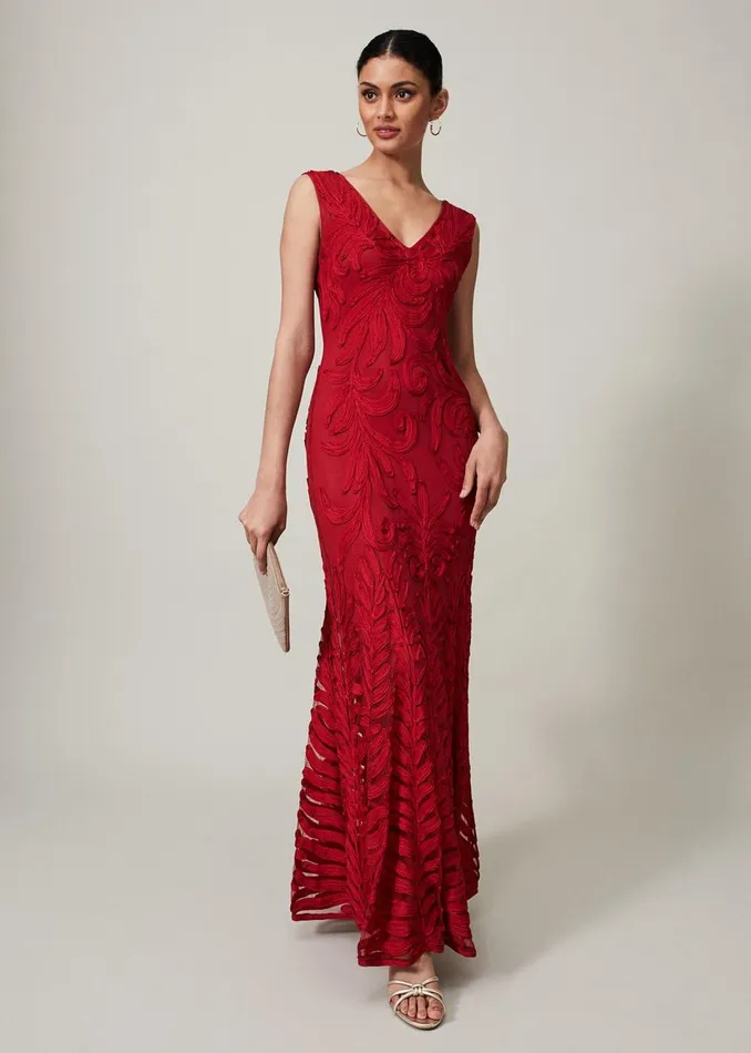 Women Phase Eight Occasion Dresses Marigold Tapework Maxi Dress Scarlet