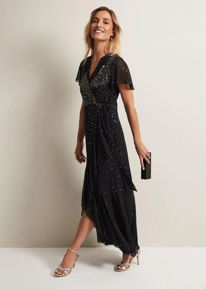 Women Phase Eight Occasion Dresses Melody Sequin Feather Maxi Dress Black