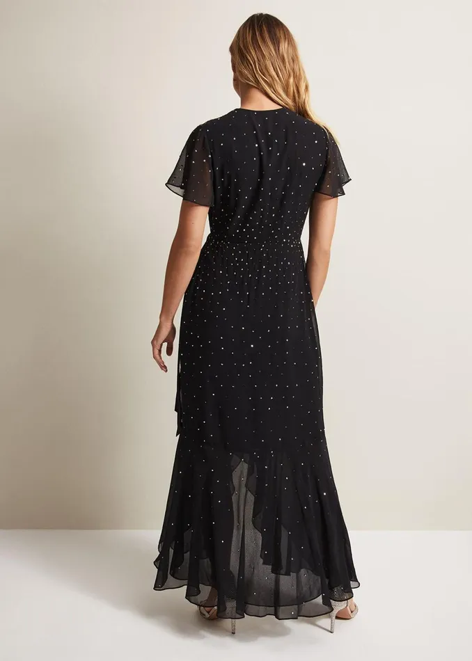 Women Phase Eight Occasion Dresses Melody Sequin Feather Maxi Dress Black